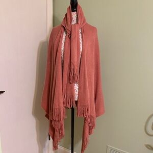 Fringe Shawl / Wrap with Connecting Scarf, deep salmon